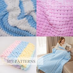 Set of blanket patterns from simple to complex, Alize Puffy Blanket Pattern, Finger Knit Pattern