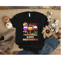 happy hallothanksmas wine t-shirt, halloween wine glass, thanksgiving