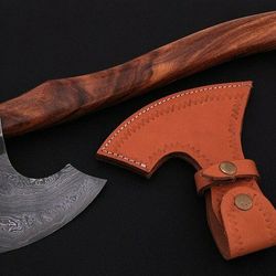 custom handmade beautiful damascus steel axe handle rosewood with leather