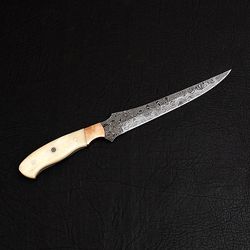 custom handmade damascus steel fillet knife handle cow bone/brass bolster with leather sheath