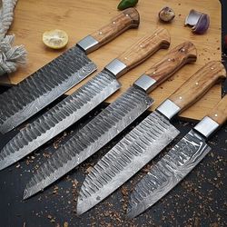 custom handmade damascus steel 5pc chef/kitchen knife set - olive wood handle