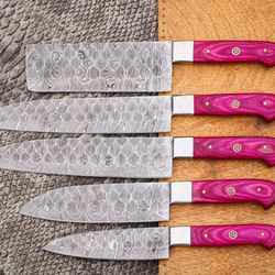 handmade damascus 5pc pink chef kitchen knife set with leather roll bag