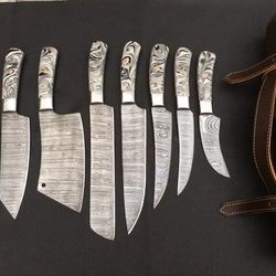 custom handmade damascus steel chef/kitchen knives 7 piece set with leather roll
