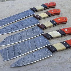 damascus knives - custom handmade damascus steel chef kitchen knife set 5 pcs