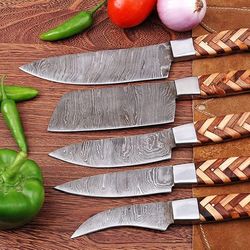 damascus steel kitchen knives set handmade chef knives set 5-pcs set with wood & steel bolster handle
