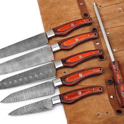 custom handmade damascus steel professional kitchen/chef set come with leather roll kit
