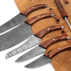 custom handmade damascus steel blade professional kitchen knifes set comes with leather roll kit
