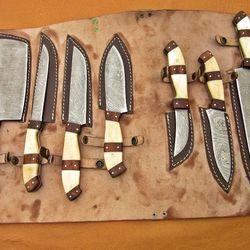 7 piece custom handmade damascus steel beautiful chef set kitchen knife set with leather cover