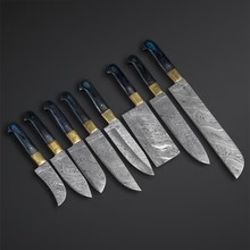 chef knives set of 8 pcs hand made damascus steel blade with leather roll kit