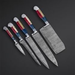 custom handmade damascus steel blade 5pcs chef set with leather roll kit bag