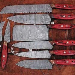 8 piece custom made damascus steel chef set wood handle and leather roll kit