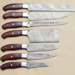 7 piece custom handmade damascus steel wood handle chef set with leather roll kit