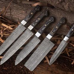 black exotic wood handle custom made custom handmade damascus steel kitchen / chef set with leather roll kit