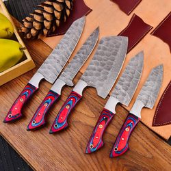 handmade damascus chef knife set of 5pcs with brown pakka wood and brass