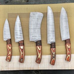 5 pieces handmade damascus kitchen knife chef's knife set and leather roll
