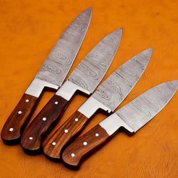 custom handmade damascus steel 4 pc's chef set with leather sheath, custom chef knife kitchen set