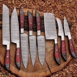 handmade damascus chef set of 8pcs with leather cover, kitchen knives set