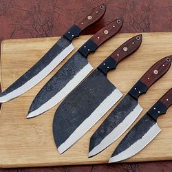 handmade carbon steel chef knives 5pcs with rosewood handle gift for husband kitchen knife