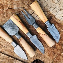 handmade damascus cheese knife set of 5 with olive wood handle knives