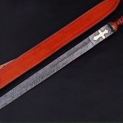 custom handmade damascus steel sword with leather sheath