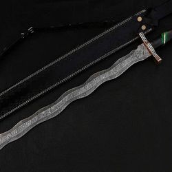 custom handmade damascus steel sword with leather sheath