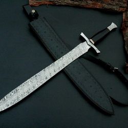 custom handmade damascus steel sword with leather sheath