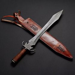 custom handmade damascus steel sword handle walnut wood/damascus steel guard/pommel with leather sheath