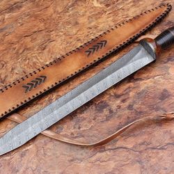 custom handmade damascus steel double edge sword handle rosewood with leather sheath