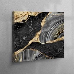 3d wall art, large canvas, canvas art, black and gold marble, luxury marble canvas print, gold marble poster, gray marbl
