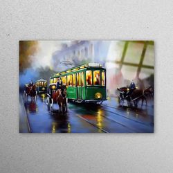 glass art, glass printing, glass, street glass, city glass wall, retro tram tempered glass, oil painting print, view wal
