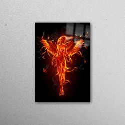 glass printing, wall decoration, glass art, fire elemental girl glass wall art, abstract woman glass art, abstract girl