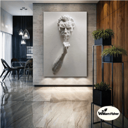 sculpture man wall art, hush sign canvas art decor, modern room wall decor, roll up canvas, stretched canvas art, framed