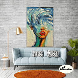 sea face woman wall art, red lipstick canvas art, abstract wall decor, roll up canvas, stretched canvas art, framed wall
