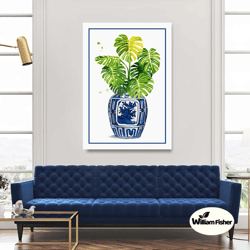 tile vase wall art, green plant canvas art, blau wall decor, roll up canvas, stretched canvas art, framed wall art paint