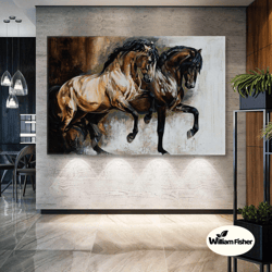 two brown horses noble animal with oil painting effect roll up canvas, stretched canvas art, framed wall art painting