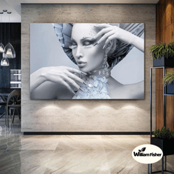 woman blindfolded with diamond hat make-up woman hairdresser decor roll up canvas, stretched canvas art, framed wall art
