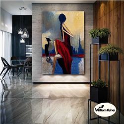 woman in red dress wall art, black cat canvas art, city view wall decor, roll up canvas, stretched canvas art, framed wa