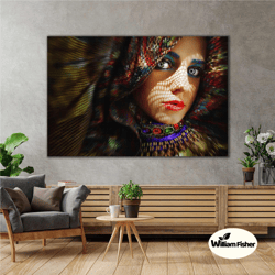 woman makeup hairdresser modern decor with red lipstick and colorful scarf roll up canvas, stretched canvas art, framed