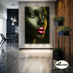 woman wall art, red lipstick canvas art, yellow lights, modern wall decor, roll up canvas, stretched canvas art, framed