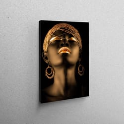 3d canvas, wall art canvas, canvas art, african gold woman art canvas, african gold lip wall art, gold lip canvas decor,