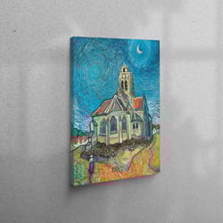 canvas decor, 3d canvas, canvas print, the church at auvers, van gogh style canvas poster, night landscape art canvas,