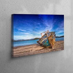 canvas home decor, canvas decor, large canvas, old boat on the beach wall art, sea landscape canvas print, seacape 3d ca