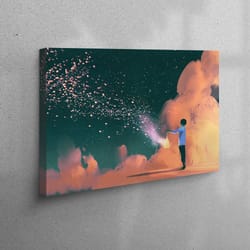 canvas home decor, canvas wall art, 3d canvas, boy with lantern, modern canvas print, starry sky canvas poster, abstract