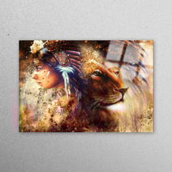 glass art, wall decor, glass, indian tempered glass, indian woman and lion portrait glass wall art, lion portrait wall d