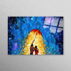 glass printing, glass wall art, glass art, romantic couple glass wall art, modern wall decor, couple in love under umbre