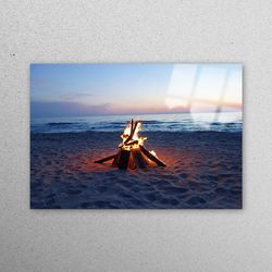 glass wall art, glass, glass wall decor, camp fire landscape glass art, beach landscape glass wall art, sea landscape gl