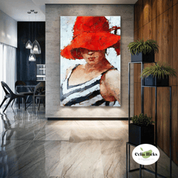 woman wall art, red hat canvas art, elegant wall decor, roll up canvas, stretched canvas art, framed wall art painting