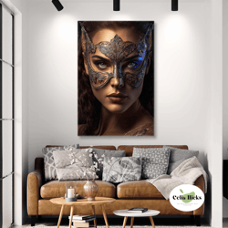 woman wall art, woman with mask wall decor, elegant wall decor, roll up canvas, stretched canvas art, framed wall art pa