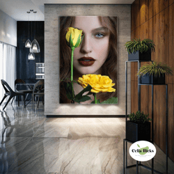 woman wall art, yellow rose canvas art, make up wall decor, roll up canvas, stretched canvas art, framed wall art painti
