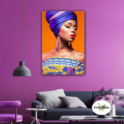 woman with red lipstick and purple scarf ethnic dress model woman african roll up canvas, stretched canvas art, framed w